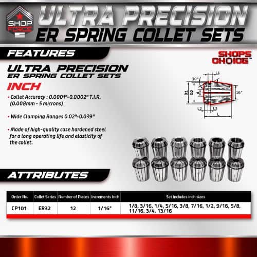 High-precision ER spring collet set for CNC machinery and machining tools, featuring durable hardened steel construction, wide clamping range, and precise torque for optimal performance.