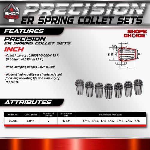 ER Spring Collet Sets for precision machining, featuring high-quality hardened steel and multiple inch sizes for accurate gripping and durability in industrial applications.