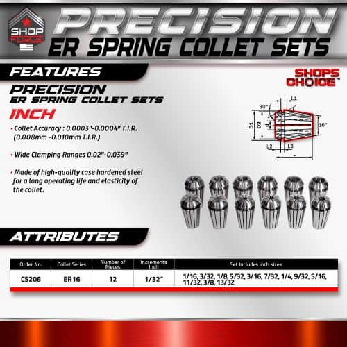 Precision ER spring collet sets for CNC machining, made of high-quality steel, with precise inch sizes and wide clamping ranges for durability and accuracy in professional machining applications.