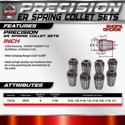 ER Spring Collet Sets for precision machining and tool holding, featuring high-quality hardened steel construction, wide clamping ranges, and accurate inch size options for reliable performance.