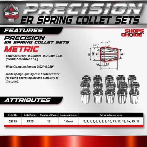 ER Spring Collet Sets for precision machining, high-quality hardened steel, wide clamping ranges, and multiple sizes for accurate tool holding in manufacturing and machining applications.