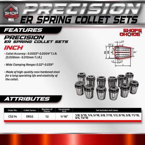 Precision ER spring collet sets for machining and tooling, high-quality hardened steel, various inch sizes, ideal for CNC and industrial applications, precision-engineered for durability and accuracy.
