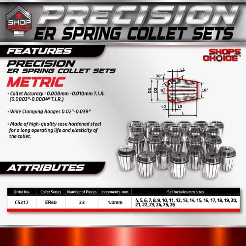 Precision ER Spring Collet Sets for CNC Machining, high accuracy and durability, made of hardened steel, with wide clamping ranges, ideal for precision tool holding applications.