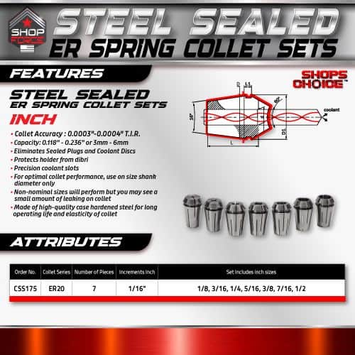 Steel Sealed ER Spring Collet Sets for precise tool holding and alignment in machining applications, featuring high-quality case-hardened steel, multiple sizes, and designed for optimal collet performance.