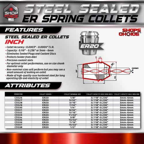 ER20 steel sealed ER collets for precision machining and tool holding, available in various sizes with high accuracy, durability, and excellent coolant compatibility for industrial applications.