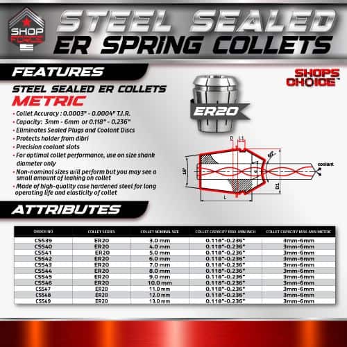ER20 steel sealed ER spring collets for precise machining and tool holding, featuring high durability, accurate fit, and corrosion resistance for industrial applications.