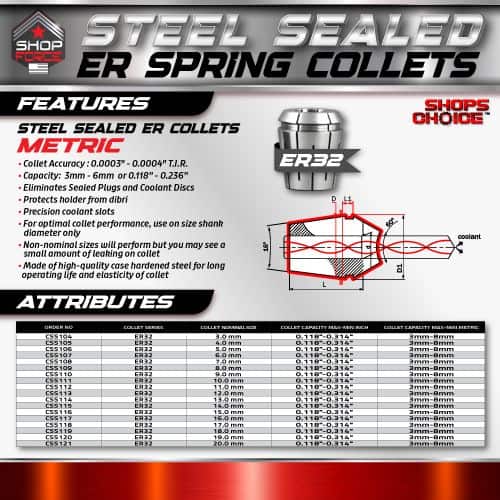 Steel Sealed ER Spring Collets for precise machining and tool holding, featuring a durable, high-quality hardened steel build with optimal diameter and compatibility for professional industrial applications.