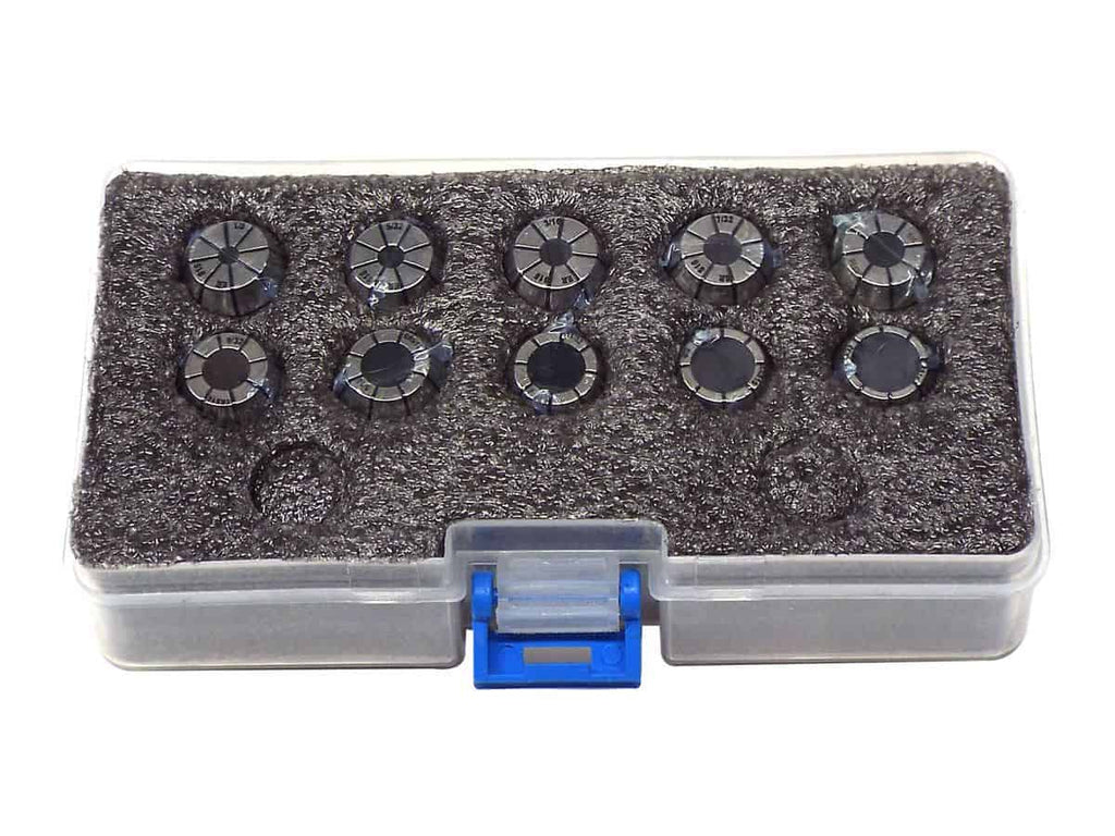 Precision metal gauge dial indicators in a clear plastic storage case.