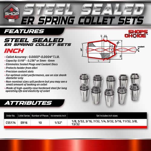 ER Spring Collet Sets | Steel sealed, heat-treated high-quality collet sets for precise machining and tool holding, compatible with ER16 series, available in multiple sizes for demanding industrial applications.
