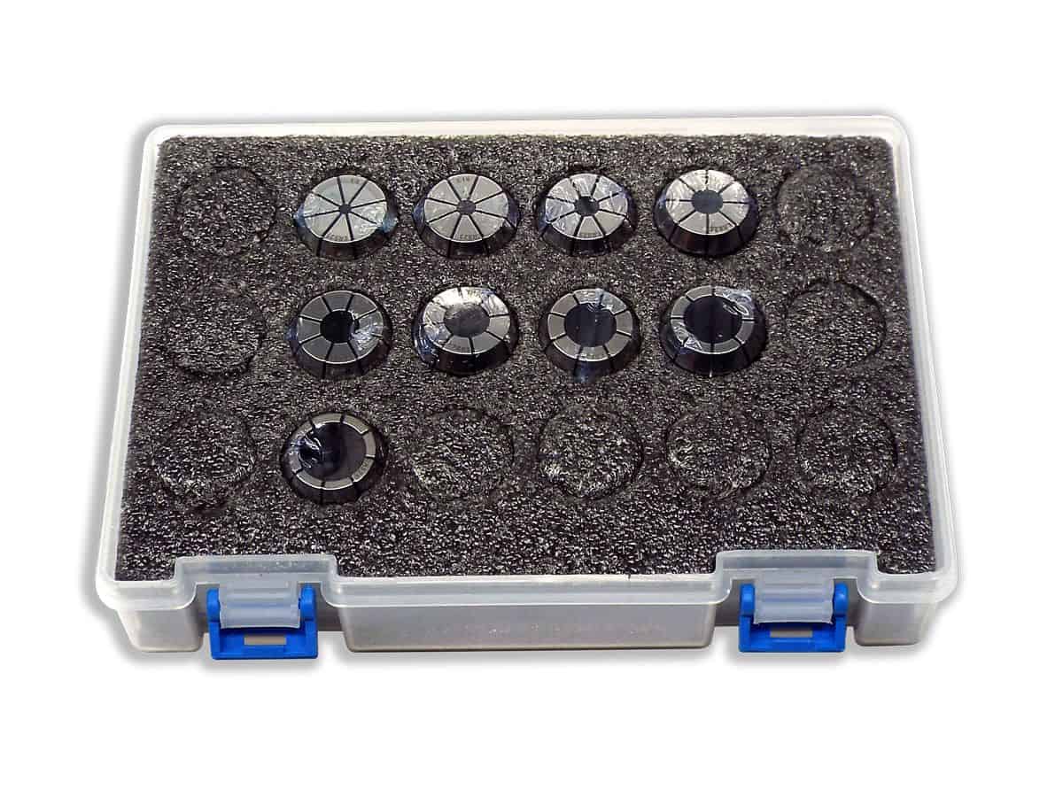 Precision industrial drill parts in a clear plastic storage case with foam padding, ideal for machining, manufacturing, or workshop use.