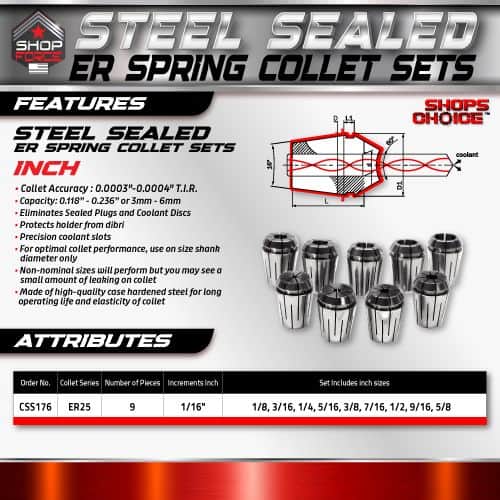 Steel Sealed ER Spring Collet Sets for precise machining and tool holding, featuring high-quality hardened steel, multiple size options, and compatible with various drill bits and tools for industrial applications.