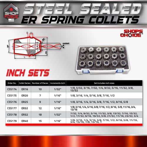 '- High-quality steel sealed ER spring collets for precision machining and tool holding applications.