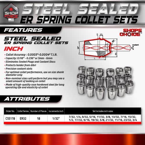 Steel Sealed ER Spring Collet Sets for precision machining, high durability, and reliable coolant sealing. Perfect for industrial tools requiring accurate and long-lasting performance.
