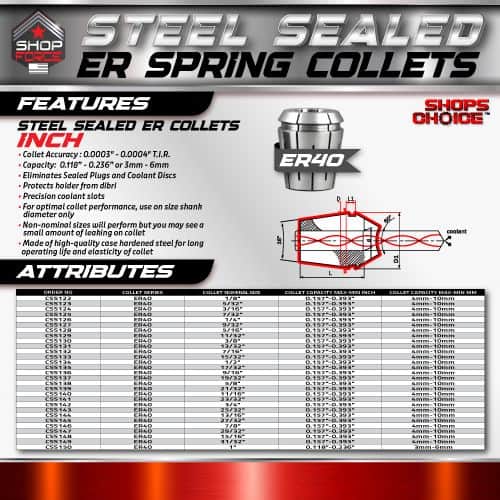 Steel sealed ER spring collets for precise machining, compatible with various sizes, eliminates leaks, and ensures high clamping force for machining tools and parts. Perfect for workshop use.