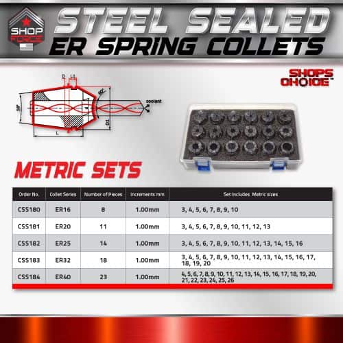 ER spring collets for precise metalworking and machining, high-quality steel sealed design, available in various metric sizes for professional workshop use. Perfect for accurate clamping and tool holding.
