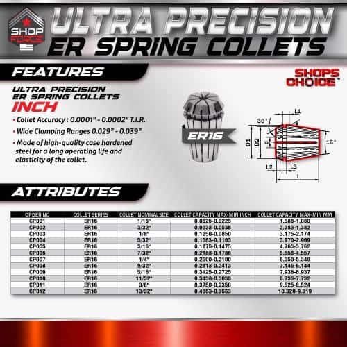 ER16 ultra precision ER spring collet with high accuracy, durable hardened steel construction, and wide clamping ranges, ideal for CNC machining and tool holding applications.