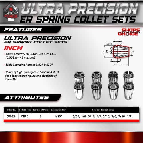 ER Spring Collet Sets for precision machining, high-quality hardened steel, with wide clamping ranges and 1/16 inch increments. Designed for durability and accuracy in CNC milling and machining applications.