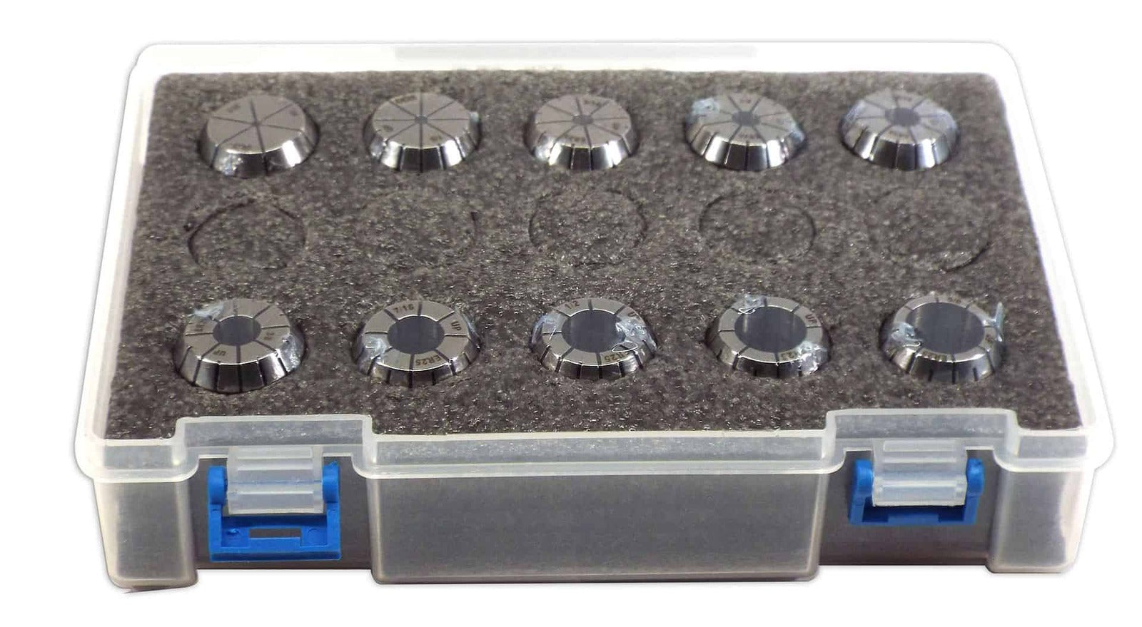 Precision metal dial knobs in a plastic storage case, ideal for industrial control panels and instrumentation.