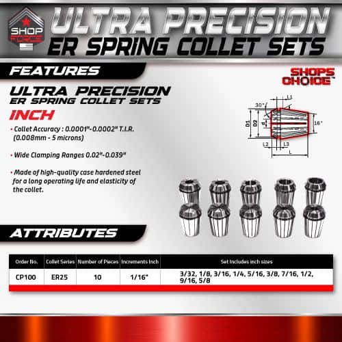 ER spring collet sets for precision machining, featuring high-quality hardened steel, wide clamping ranges, and enhanced durability for accurate and reliable tool holding in CNC and milling operations.