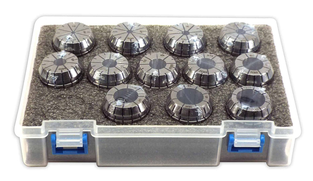 Precision dial indicator knobs in a plastic storage case for shop and industrial use.