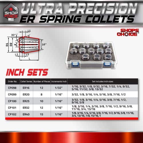 High precision ER spring collets set for accurate machining and tool holding at Shop Force. Includes multiple sizes and inch measurements for versatile use in industrial applications.