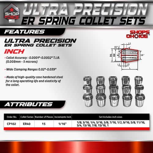 Precision ER Spring Collet Sets for CNC and machining tools, featuring high-quality hardened steel construction, wide clamping ranges, and precise inch measurements for enhanced tool performance and durability.