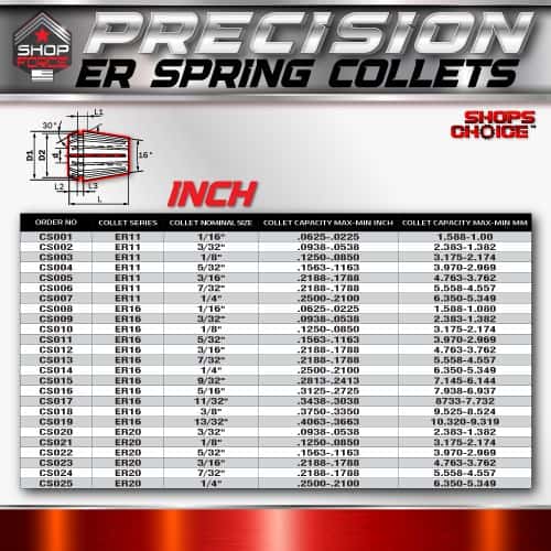 High precision ER spring collet dimensions and specifications chart for CNC machining and toolholding.
