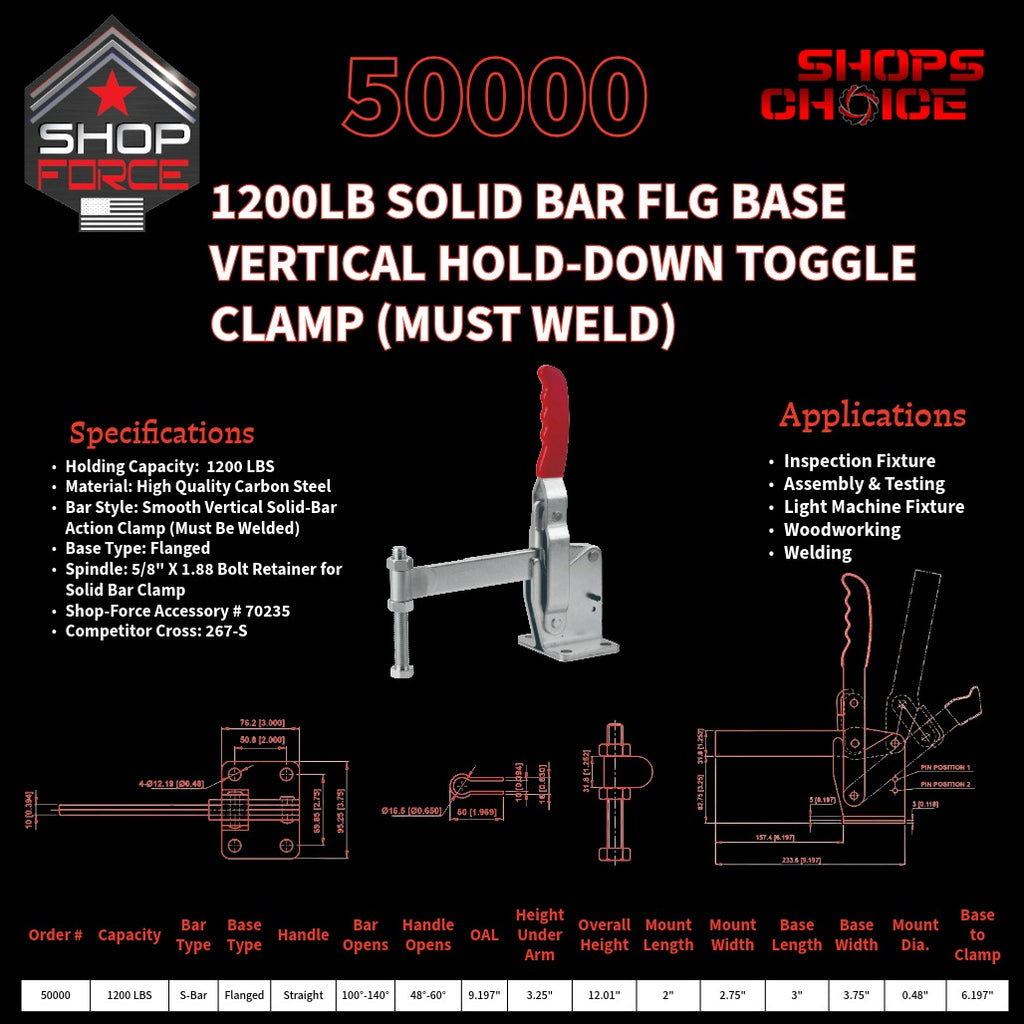 1200LB SOLID BAR FLG BASE VERTICAL CLAMP - 50000 - Shop-Force