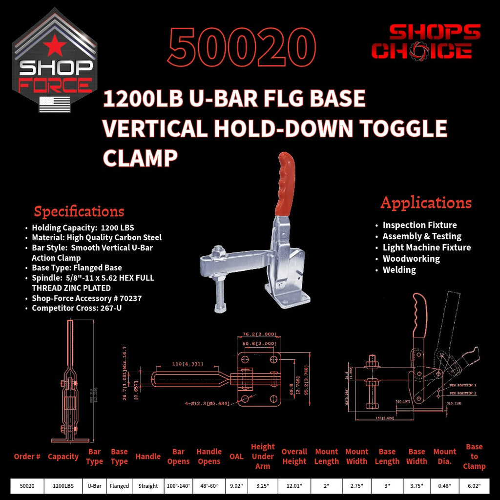 1200LB U-BAR FLG BASE VERTICAL CLAMP - 50020 - Shop-Force