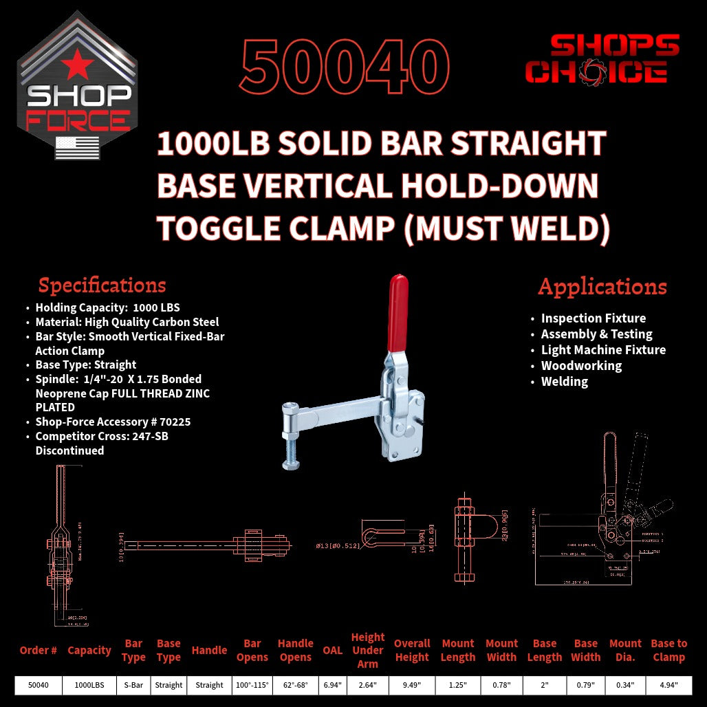 1000LB SOLID BAR STRAIGHT BASE VERTICAL CLAMP - 50040 - Shop-Force