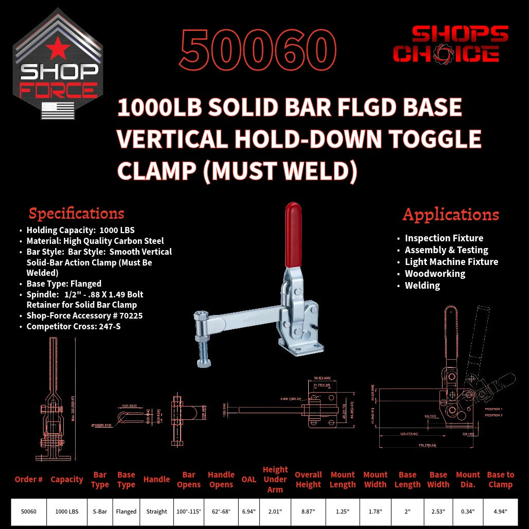 1000LB SOLID BAR FLG BASE VERTICAL CLAMP - 50060 - Shop-Force