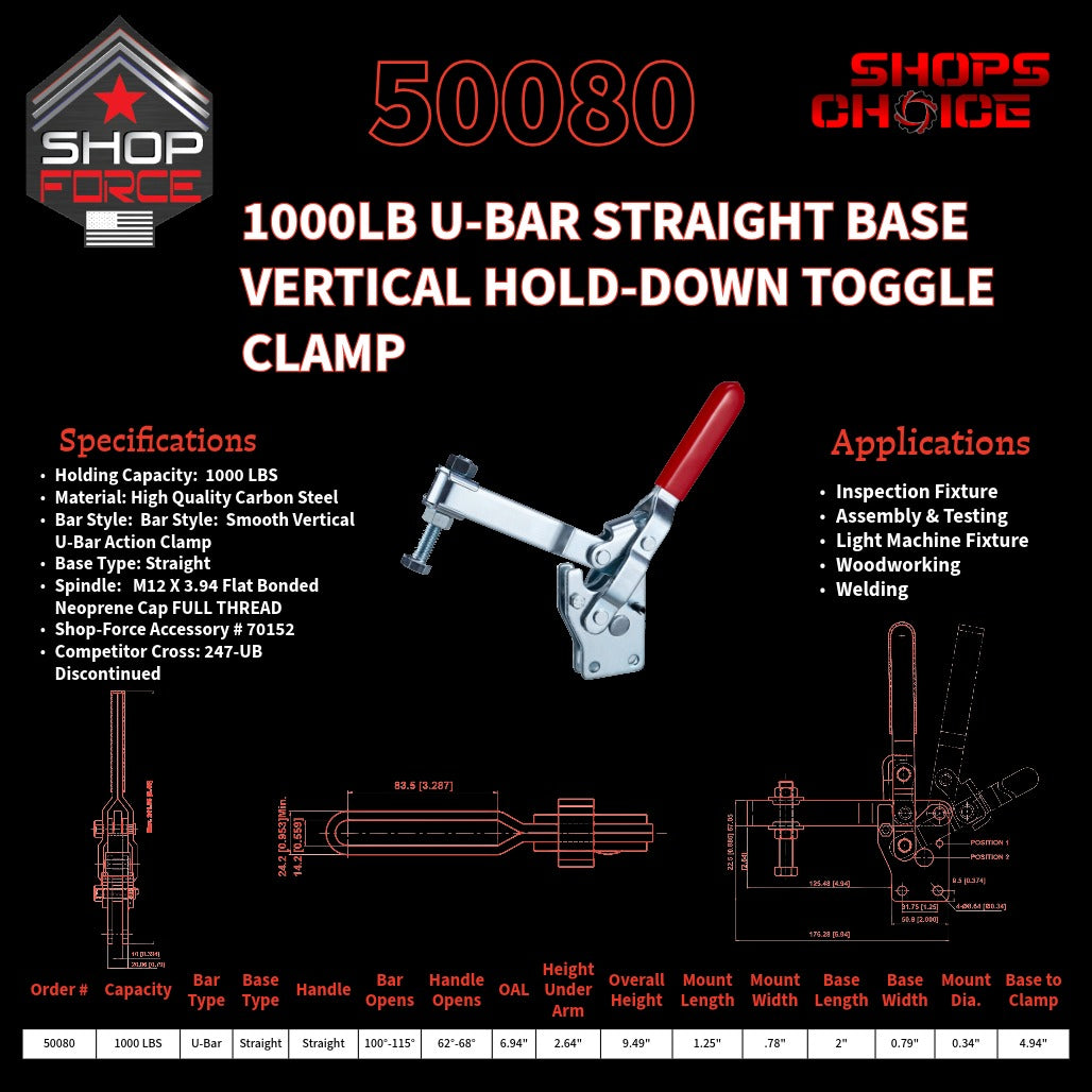 1000LB U-BAR STRAIGHT BASE VERTICAL CLAMP - 50080 - Shop-Force