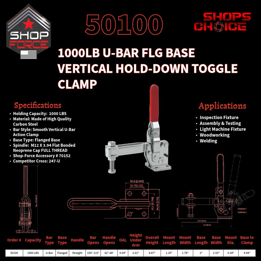 1000LB U-BAR FLG BASE VERTICAL CLAMP - 50100 - Shop-Force