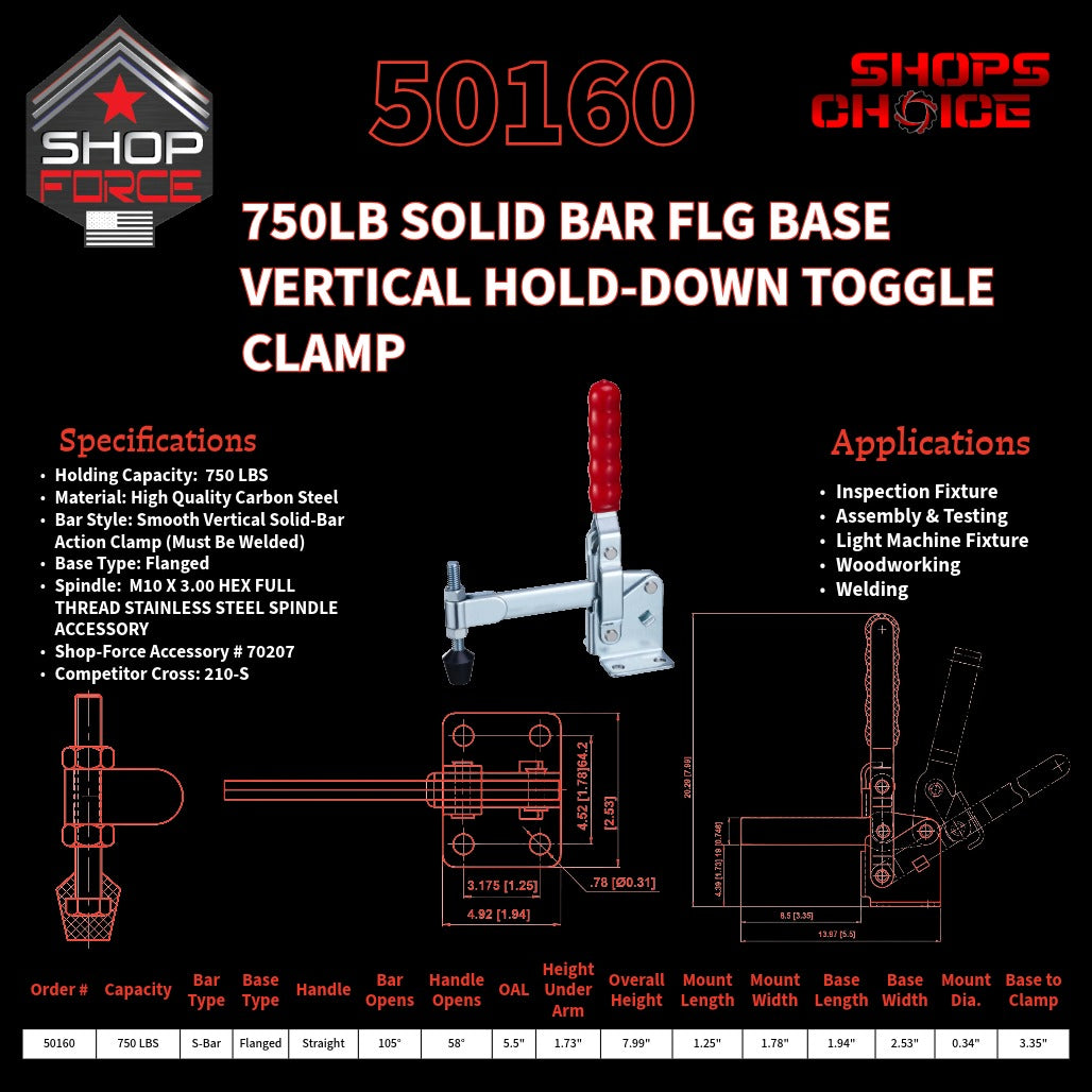 750LB SOLID BAR FLG BASE VERTICAL CLAMP - 50160 - Shop-Force