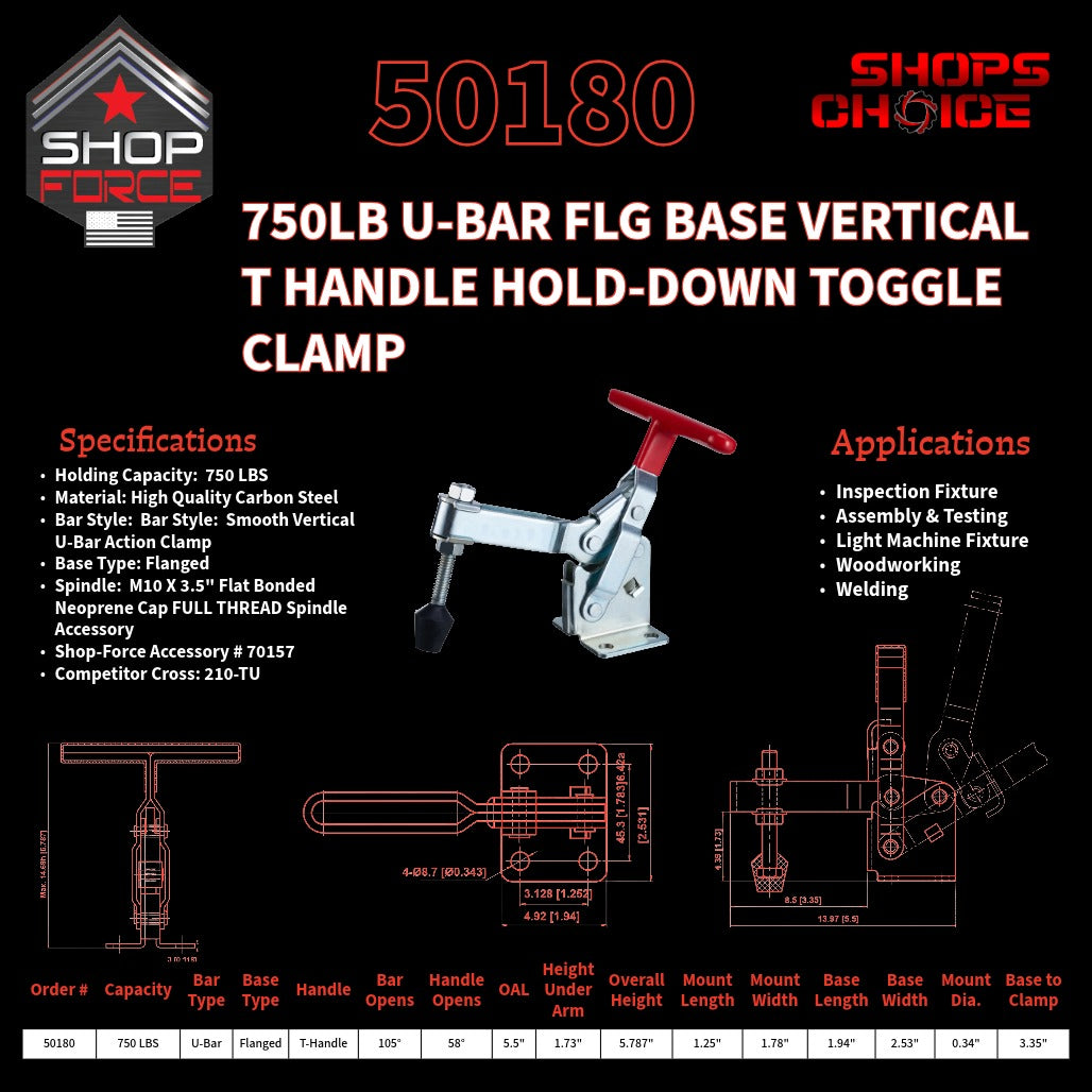 600LB U-BAR FLG BASE VERTICAL CLAMP - 50180 - Shop-Force