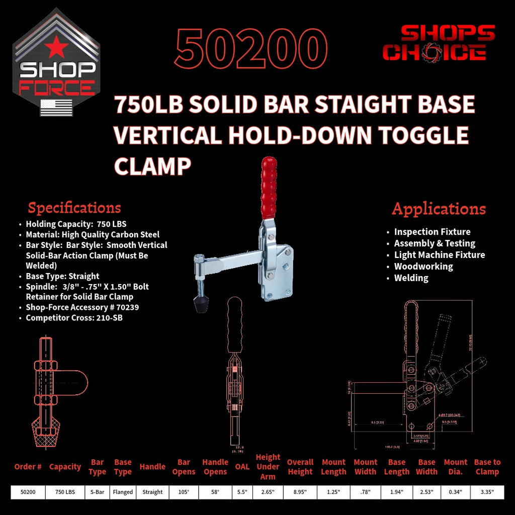 750LB SOLID BAR STRAIGHT BASE VERTICAL CLAMP - 50200 - Shop-Force