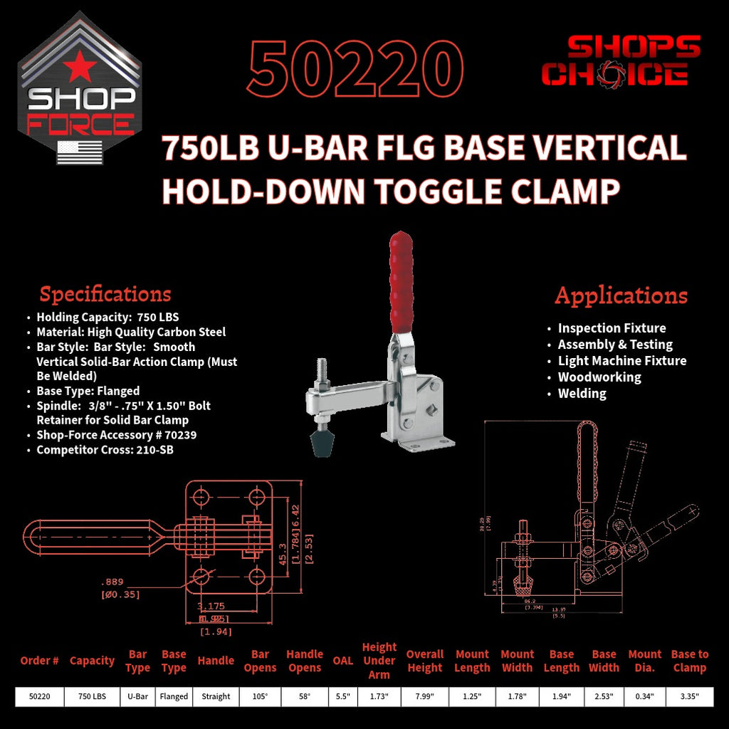 750LB U-BAR FLG BASE VERTICAL CLAMP - 50220 - Shop-Force