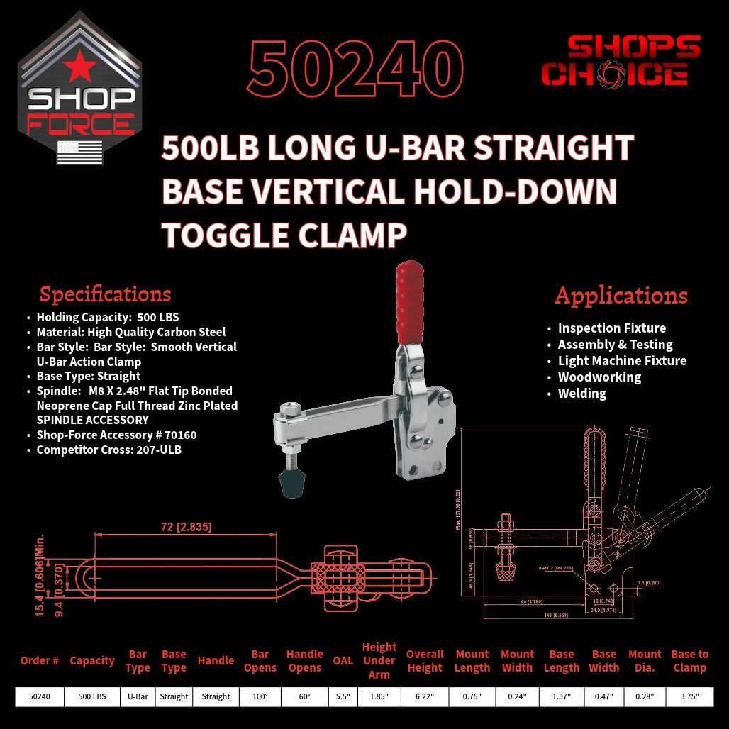 500LB U-BAR STRAIGHT BASE VERTICAL CLAMP - 50240 - Shop-Force