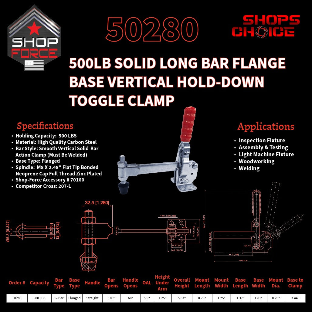 500LB SOLID BAR FLG BASE VERTICAL CLAMP - 50280 - Shop-Force