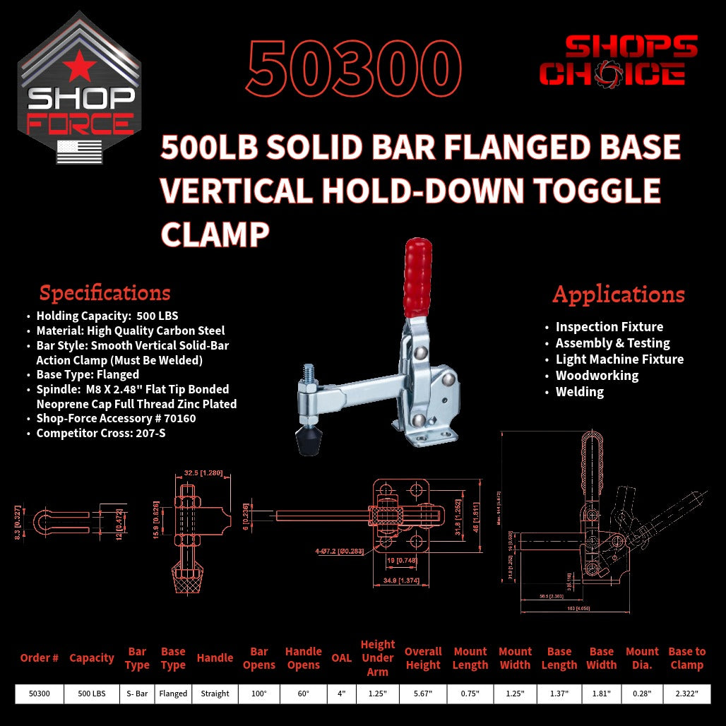 500LB SOLID BAR FLG BASE VERTICAL CLAMP - 50300 - Shop-Force