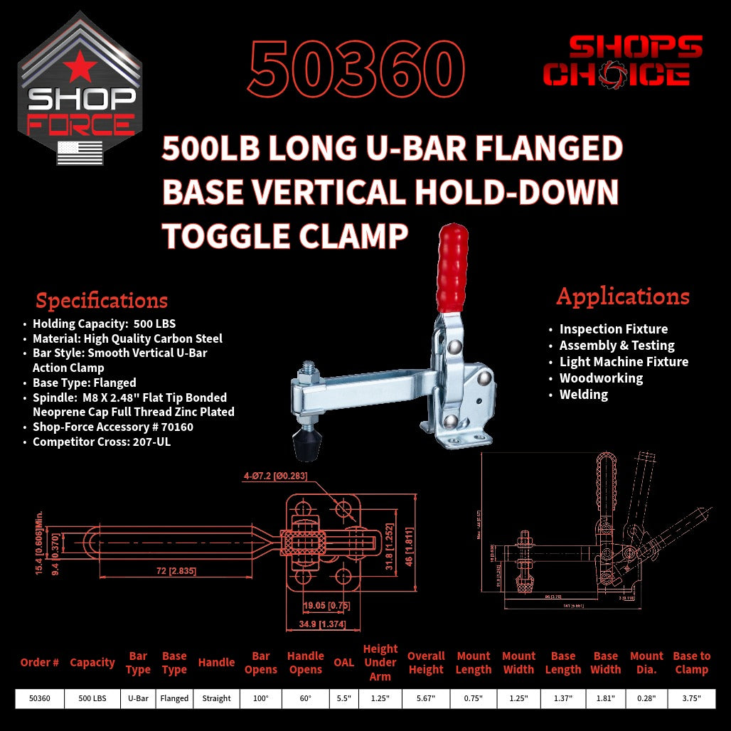 500LB U-BAR FLG BASE VERTICAL CLAMP - 50360 - Shop-Force