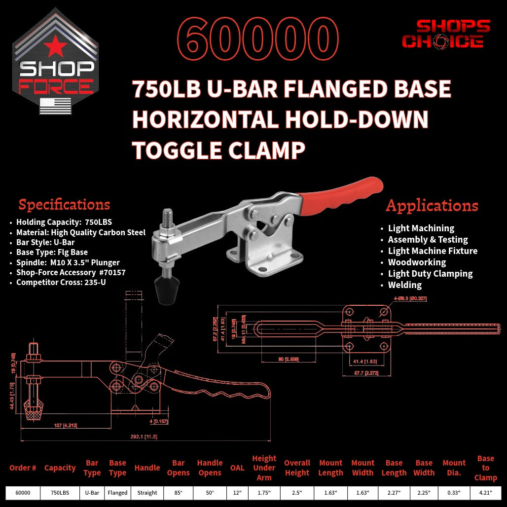 750LB U-BAR FLG BASE HORIZONTAL CLAMP - 60000 - Shop-Force