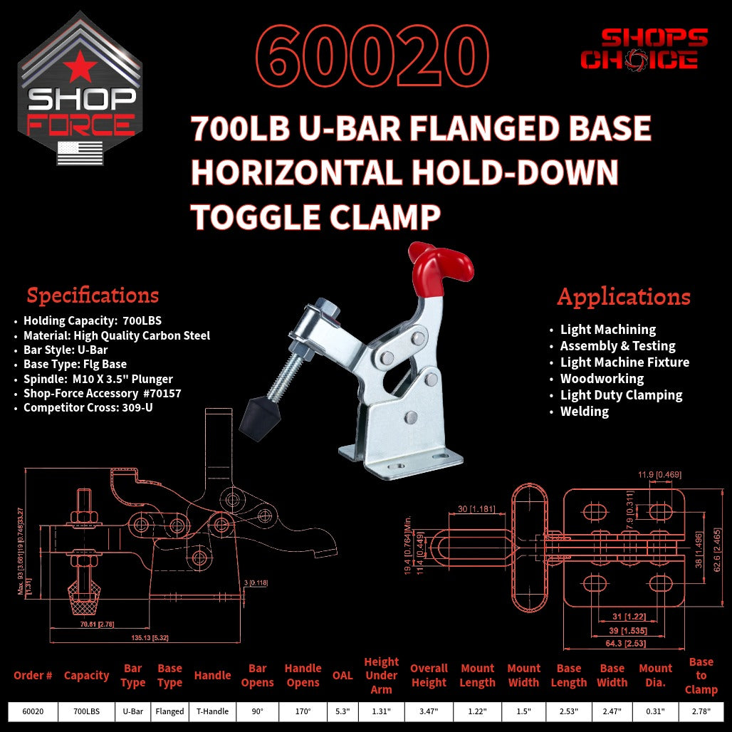 700LB U-BAR FLG BASE HORIZONTAL CLAMP - 60020 - Shop-Force
