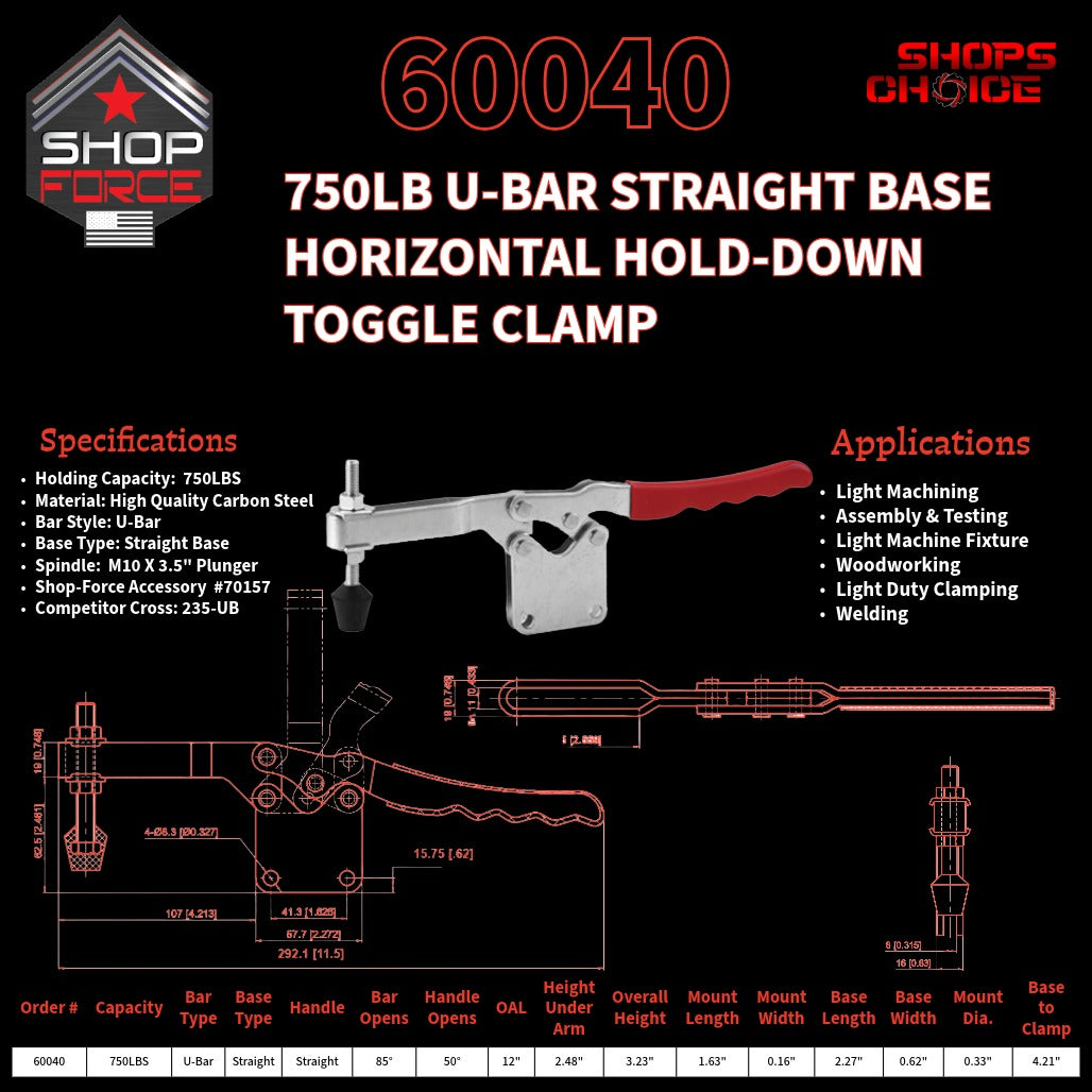 750LB U-BAR STRAIGHT BASE HORIZONTAL CLAMP - 60040 - Shop-Force
