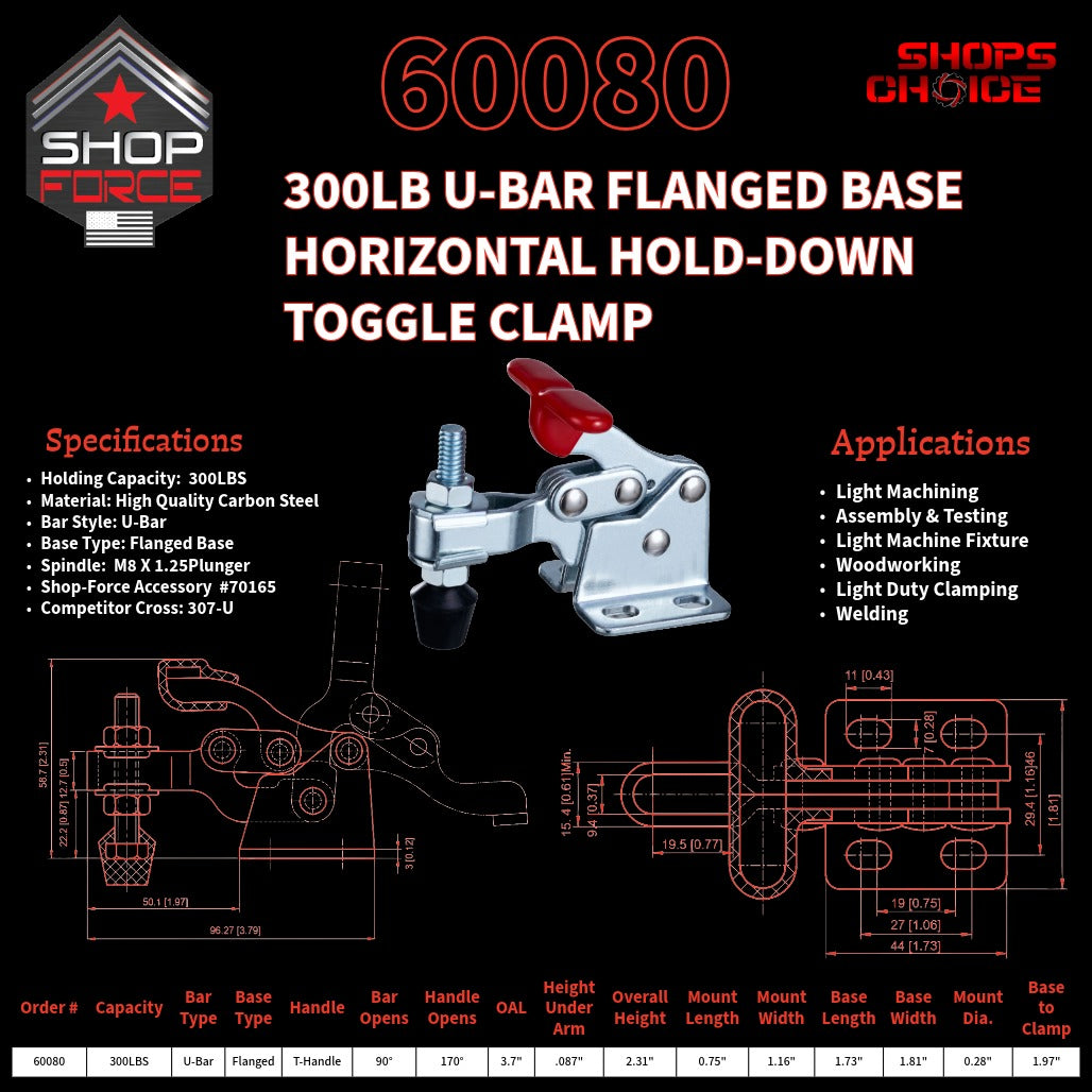 300LB U-BAR FLG BASE HORIZONTAL CLAMP - 60080 - Shop-Force