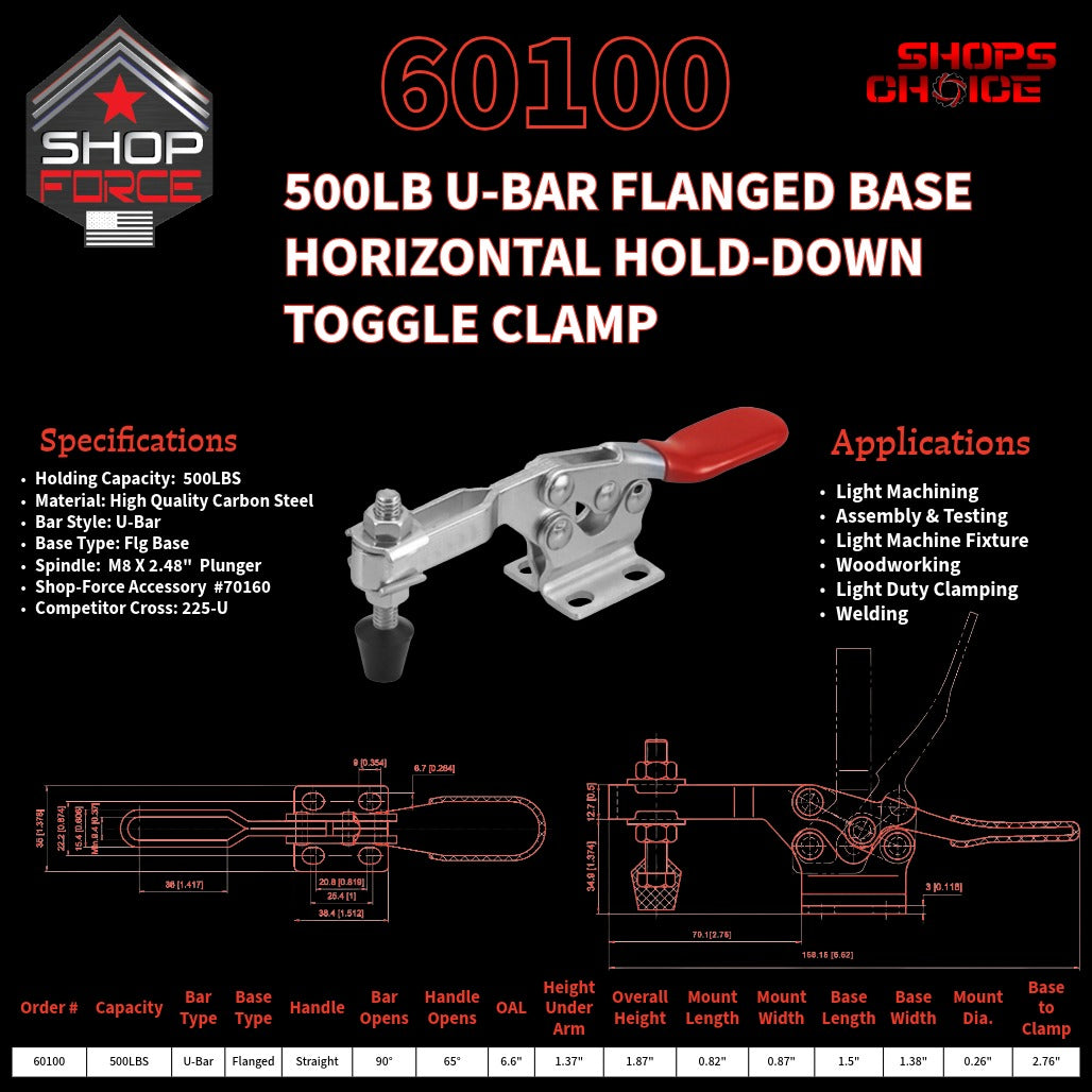 500LB U-BAR FLG BASE HORIZONTAL CLAMP - 60100 - Shop-Force