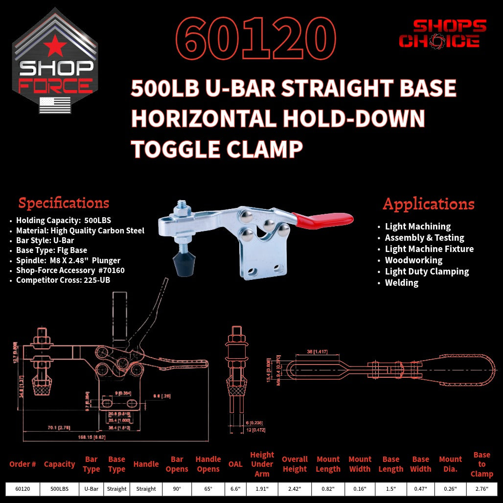 500LB U-BAR STRAIGHT BASE HORIZONTAL CLAMP - 60120 - Shop-Force
