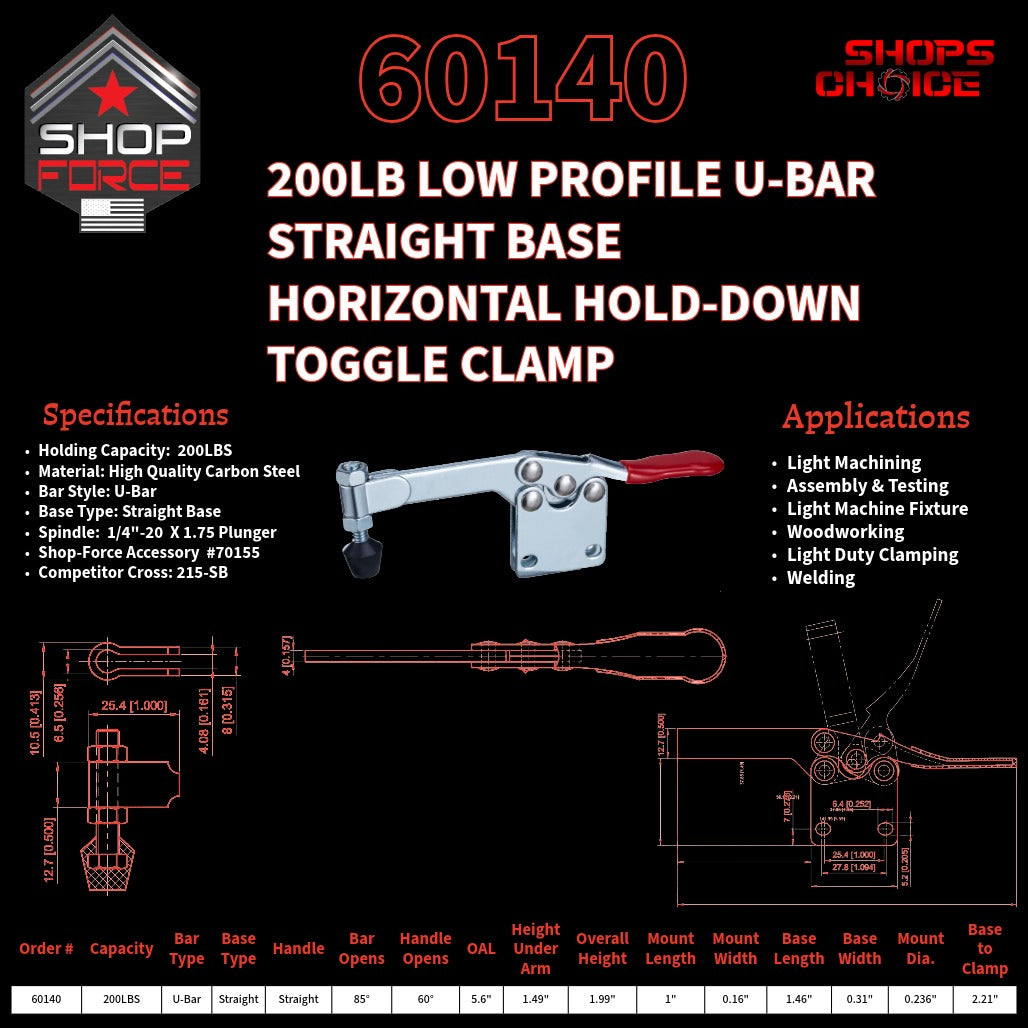 200LB SOLID BAR STRAIGHT BASE HORIZONTAL CLAMP - 60140 - Shop-Force