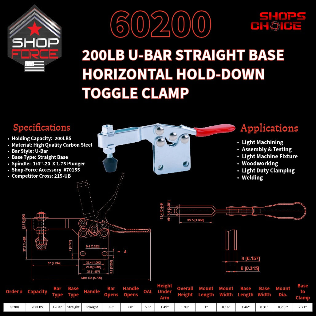 200LB U-BAR STRAIGHT BASE HORIZONTAL CLAMP - 60200 - Shop-Force