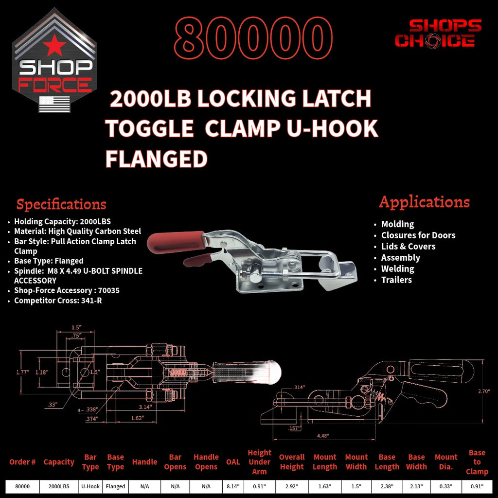 2000LB Locking Latch Toggle Clamp U-Hook Flanged-80000-Shop-Force